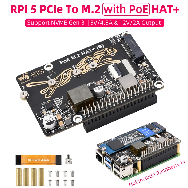 Raspberry Pi 5 PCIe To M.2 с PoE HAT (B) поддержка протоколов NVMe высокоскоростное чтение и запись