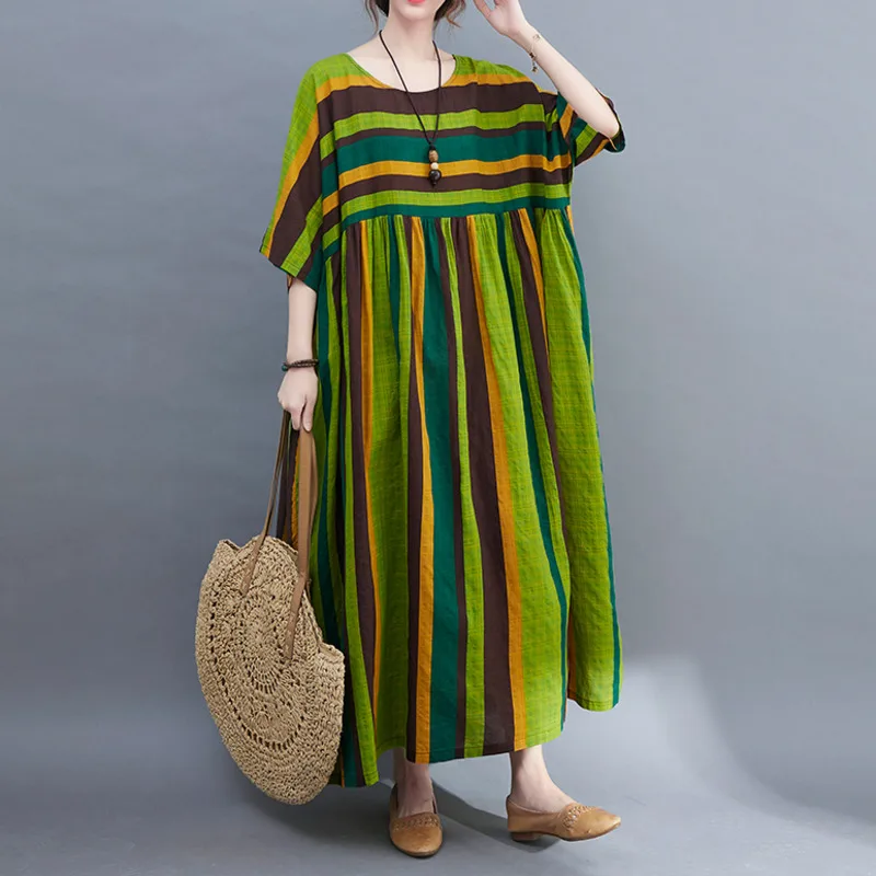 

Holiday Long Dress Summer Oversize Large Size Loose Short Sleeve Striped Knee Length Midi Dresses Women Chic Maxi Robe Vestidos
