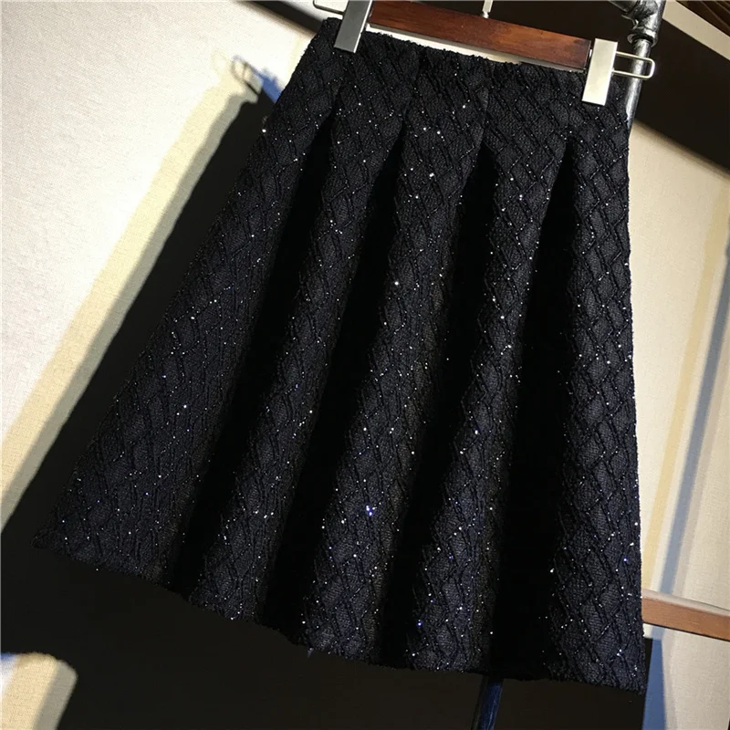 

Women's Basic Stretchy Flared Casual Mini Skater sequin skirt Autumn winter all-matched Black Short Skirt