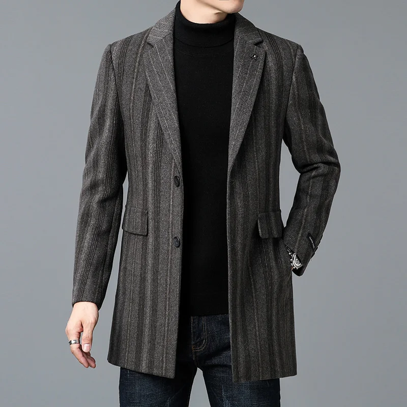 

wool cashmere Double faced medium long suit collar woolen winter thickened men's business trench coat