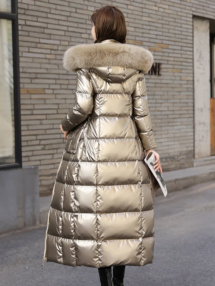 New Women Wash Free Glossy Surface Down Coat Ankle-Length Fashion Detachable Real Fox Fur Collar Thicken Warm Long Down Jacket