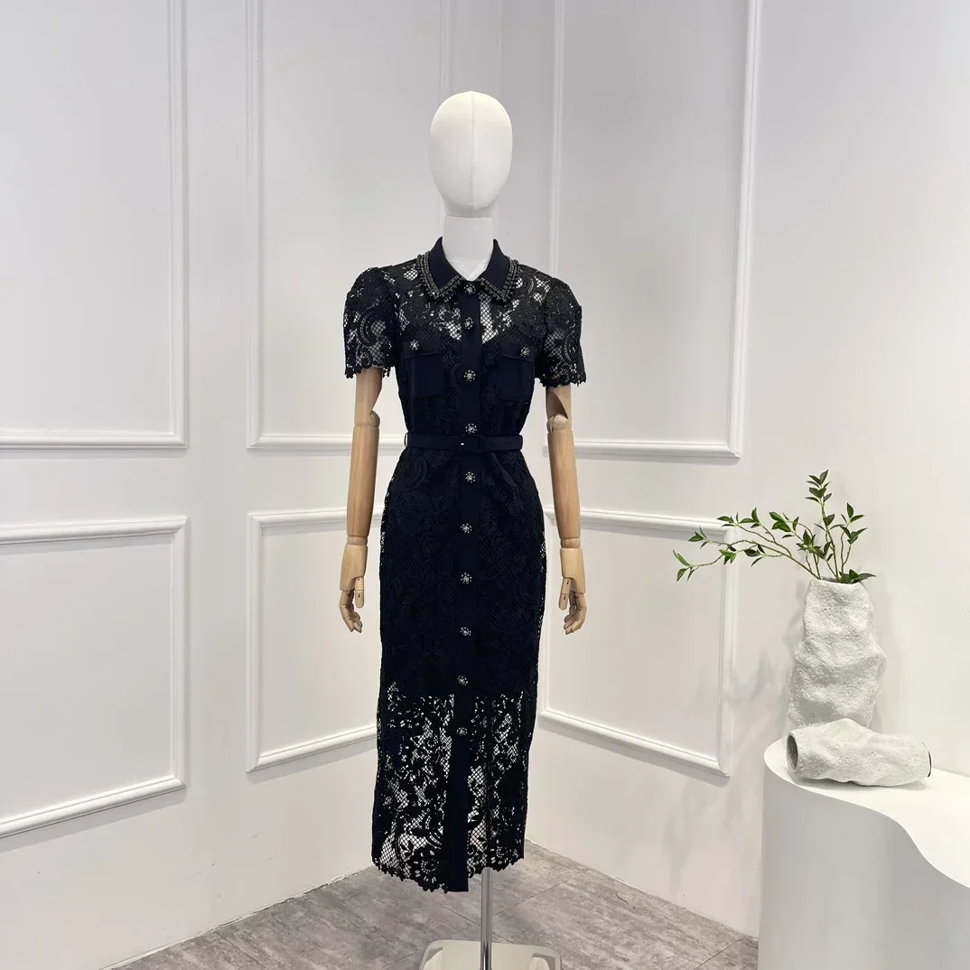 

Self 2023 Potrait New Vintage Original Quality Black Hook Flower Hollow Beading Short Sleeve Pockets Buttons Woman Midi Dress