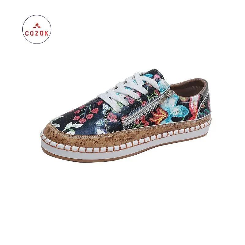 

Женские кроссовки на плоской платформе, 2022, с цветочным принтом, на шнуровке, весна-лето, Вулканизированная подошва