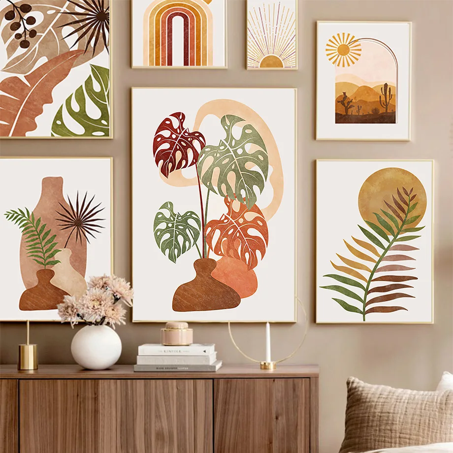 

Boho Monstera Leaf Terracotta Vase Abstract Wall Art Canvas Painting Nordic Posters And Prints Wall Pictures Living Room Decor