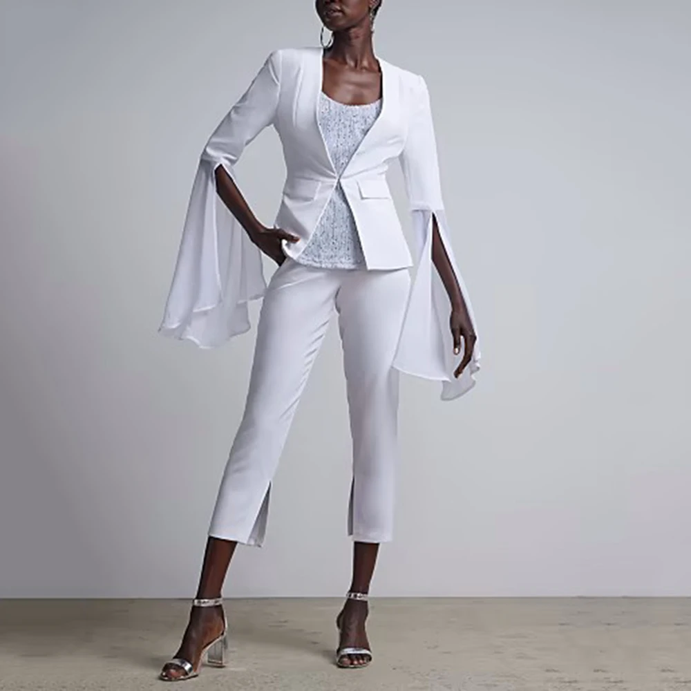 White Women's Business Suit Three -Piece Jacket Vest Pants Suit Solid Color Slim Fit Party Office Business Wear Suit