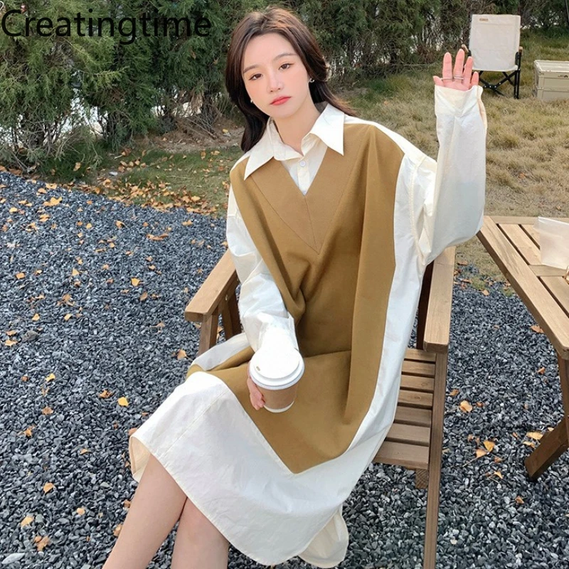 

Creatingtime 2022 Spring New Fashion Trend Korean Women's Lapel Raglan Sleeve Patchwork Contrast Color A-line Dress GA779