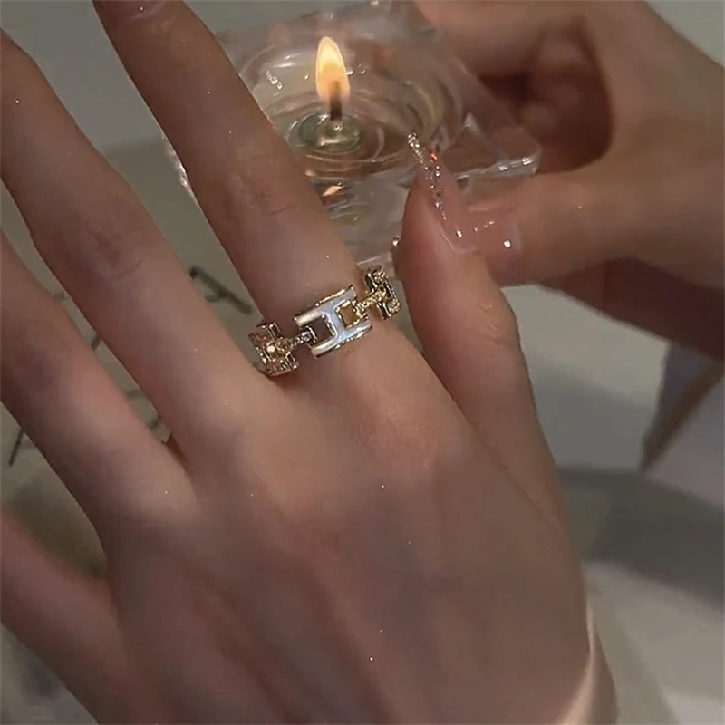 

New Shiny Zircon H Letter Shell Open Ring For Women Korea Fashion Simple Luxury Geometric Adjustable Rings Gold Color Jewelry