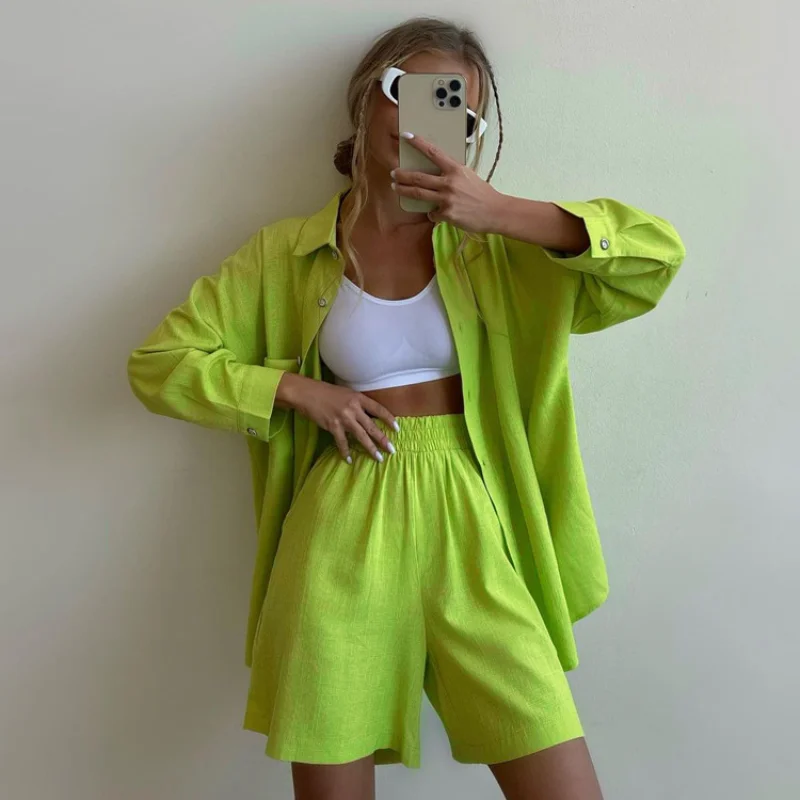

Short Sets Single Breasted Long Sleeve Shirt High Waist Shorts Solid Streetwear Y2k Fashion Autumn Two Piece Sets Womens Outfits