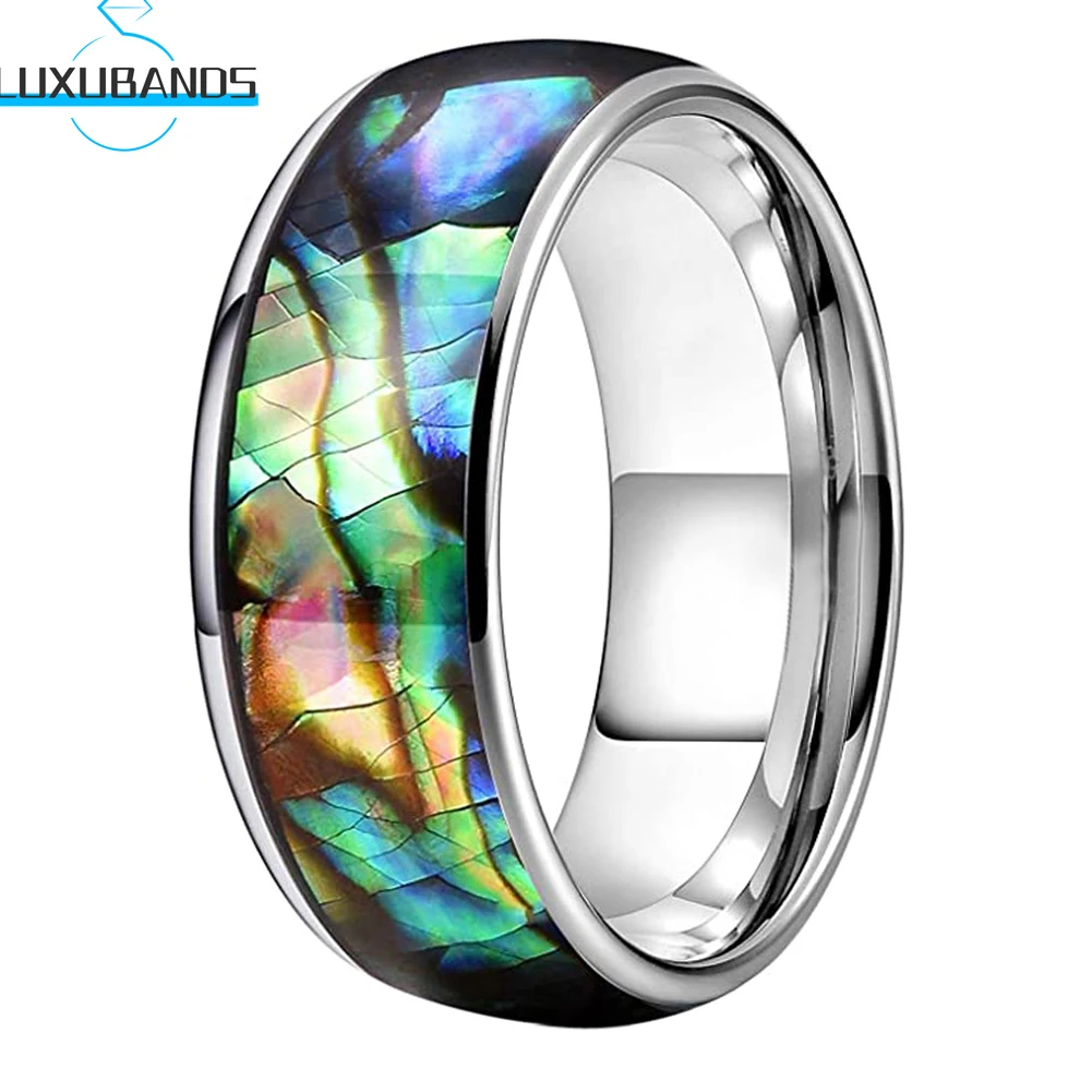 

Tungsten Carbide Wedding Ring Black Rose Gold 8mm 6mm Abalone Shell Inlay Grooved Engagement Bands Polished Finish Comfort Fit