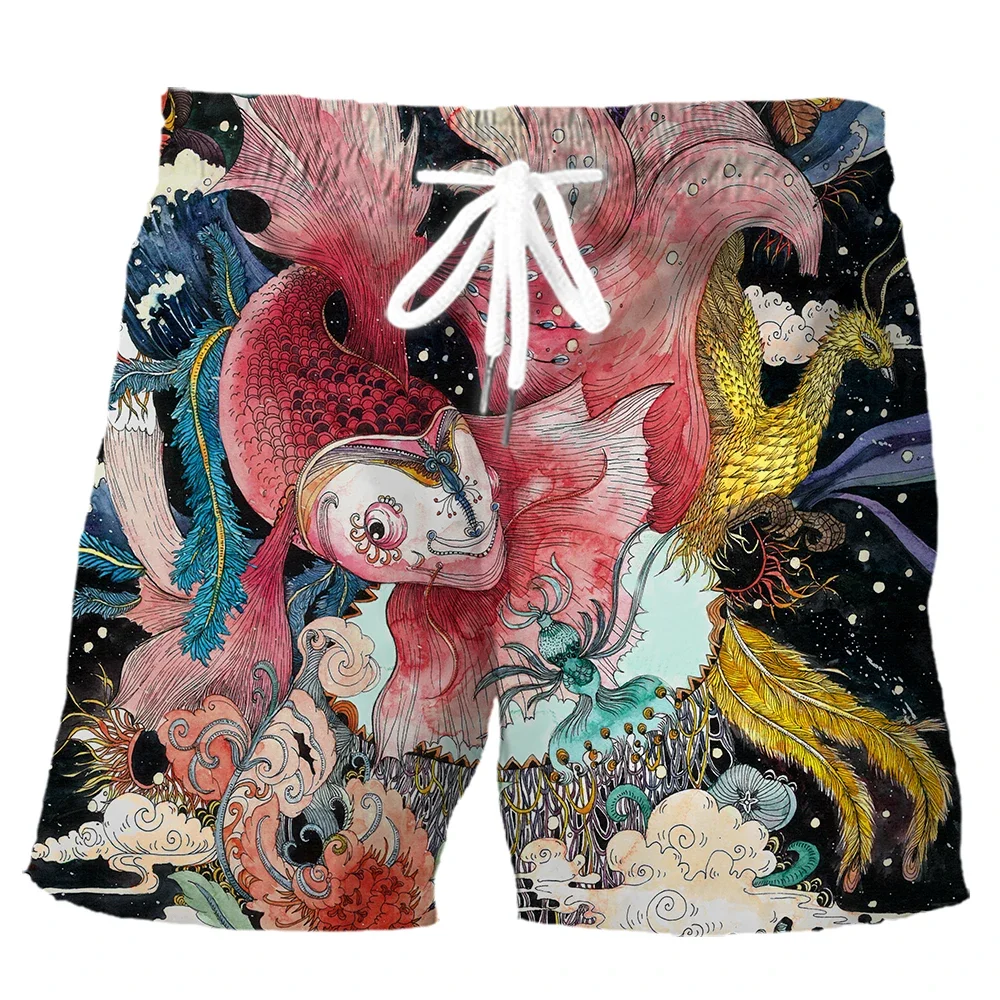 Мужские пляжные шорты HX Ukiyo-e Wave Koi Phoenix Lotus Art из полиэстера