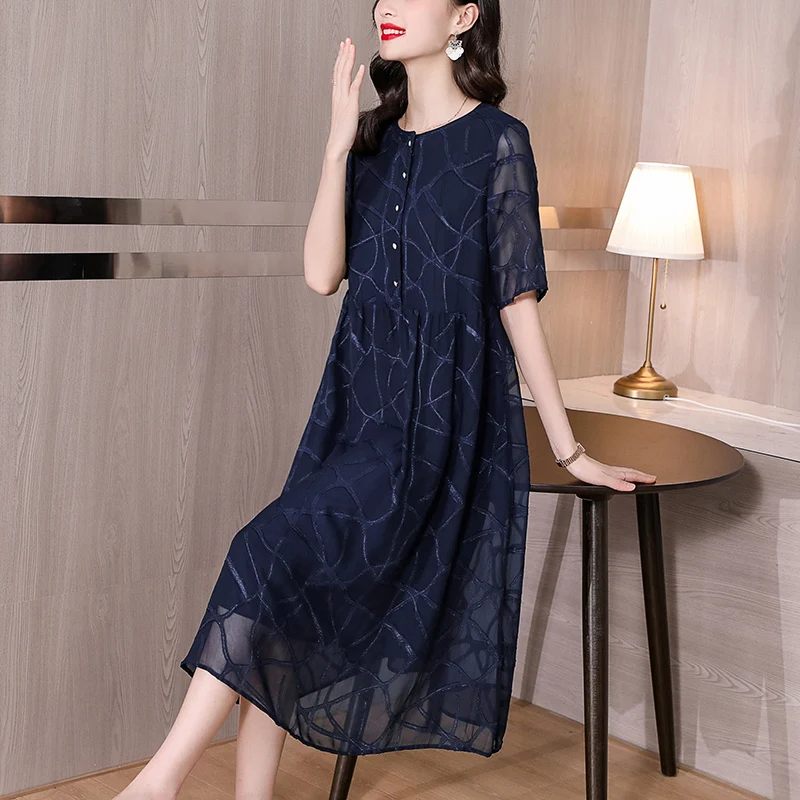 

High-end Women's Short Sleeve Printed Silk Dress 2022 Summer New Loose Tight Long Skirt Casual Party Swing Skirt Vestidos