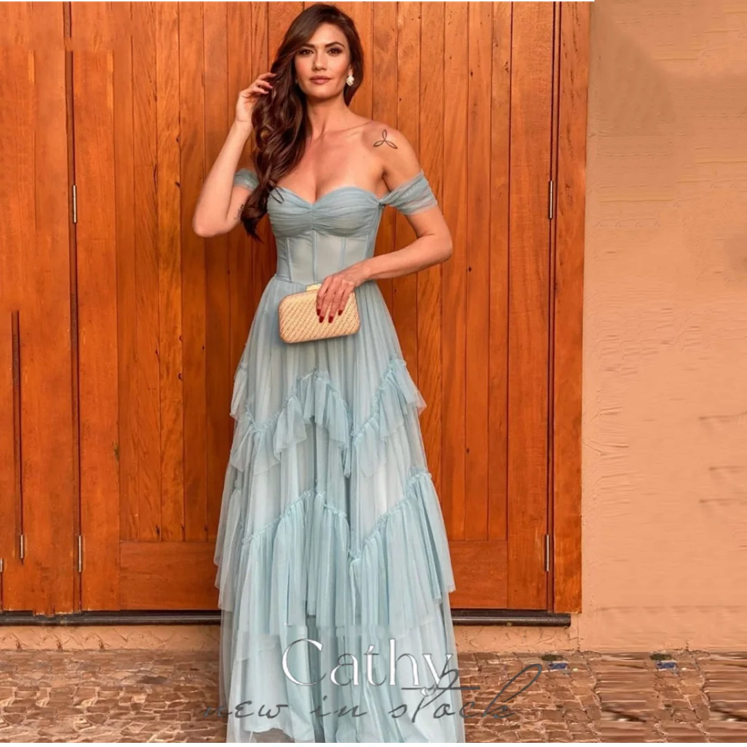 

Cathy Sexy Off Shoulder فساتين سهره فاخره 2023 Blue Green Multilayer Edge Curl Vestidos De Noche Short Sleeve Prom Dresses