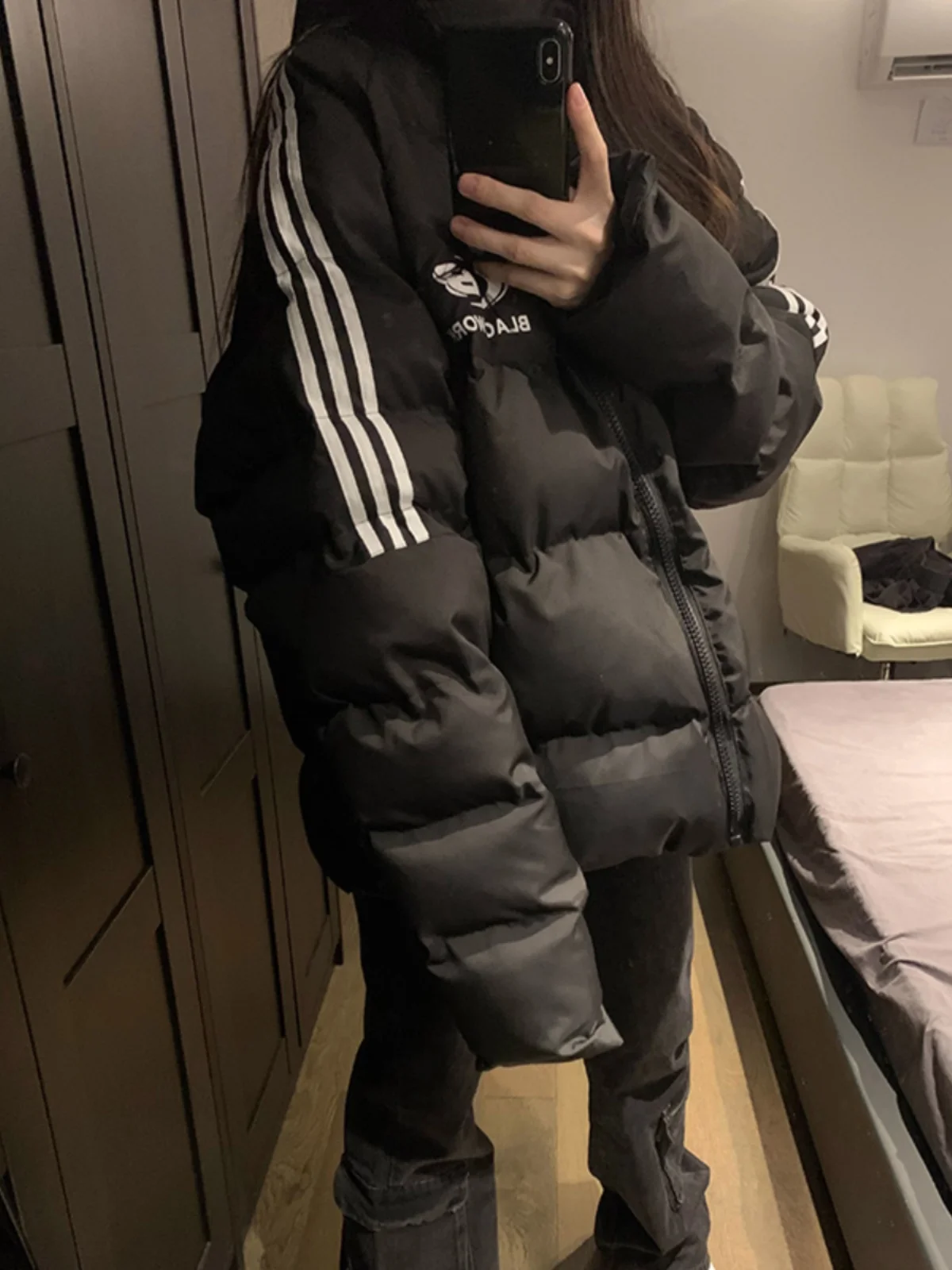 Пуховик American-Sle Side Stripe с буквенным принтом одежда на хлопковой подкладке для