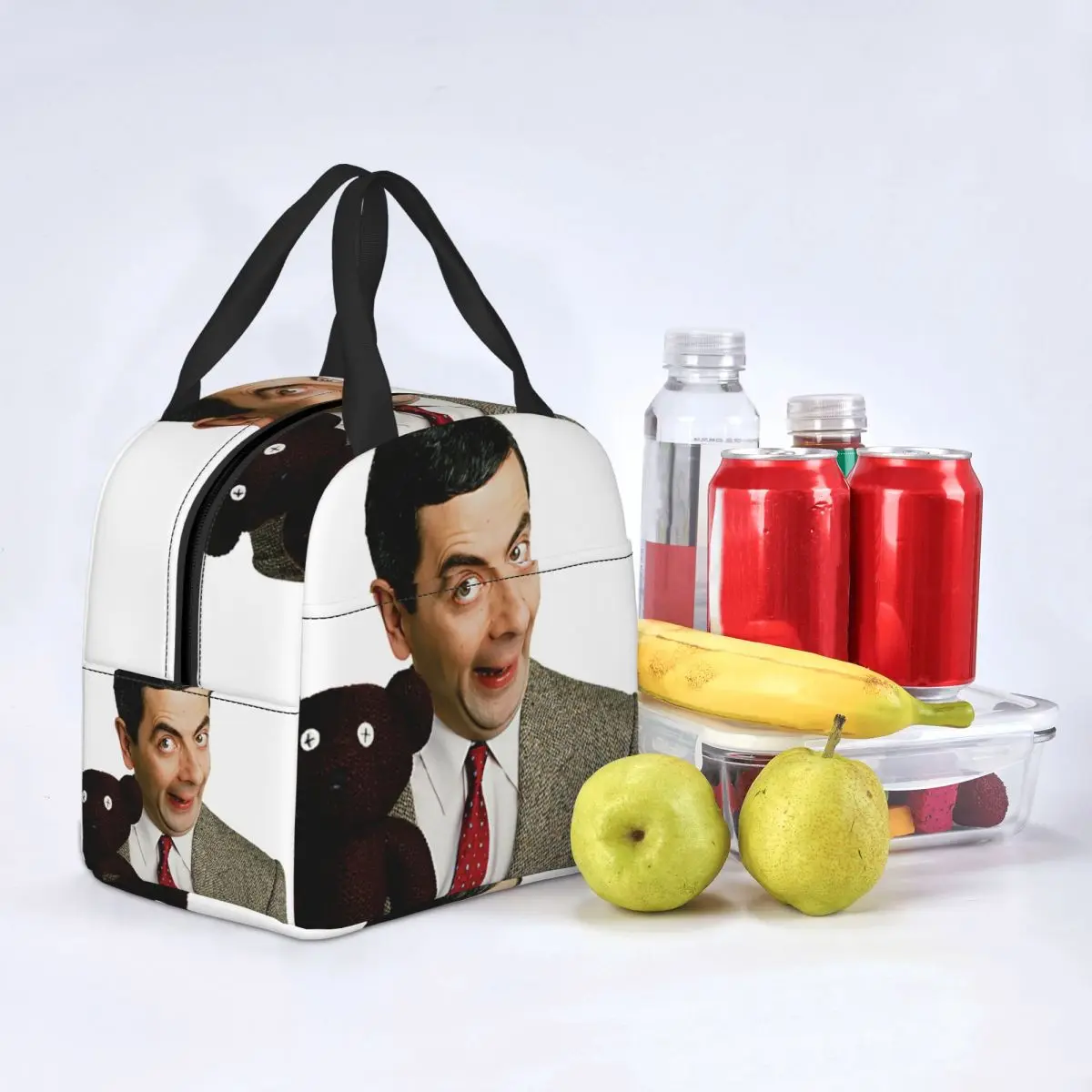 Mr Bean With Teddy Bear Rowan Atkinson Insulated Lunch Bags for Camping Travel Waterproof Thermal Cooler Lunch Box Women Kids images - 6