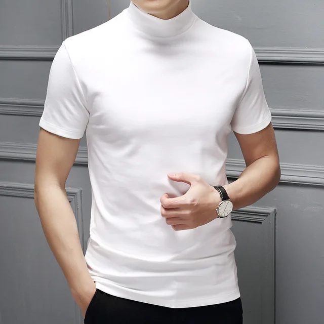 

2023 New Men's Half High Neck Mercerized Cotton Short Sleeve Slim Fit T-shirt Men's Solid Modal High Neck
