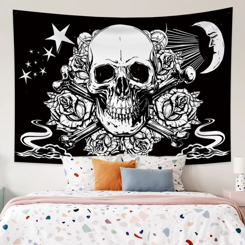 

Skull Moon Stars White And Black Tapestry Witchcraft Aesthetic Rose Hippie Wall Hanging Bedroom Dormitory Living Room Decoration