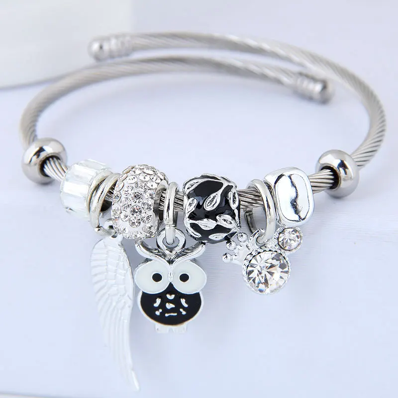 

Statement Bracelets&Bangles Zircon Beads Vintage Stainless Steel Owl Charms Pendant Bracelet For Women Free Shipping Accessories