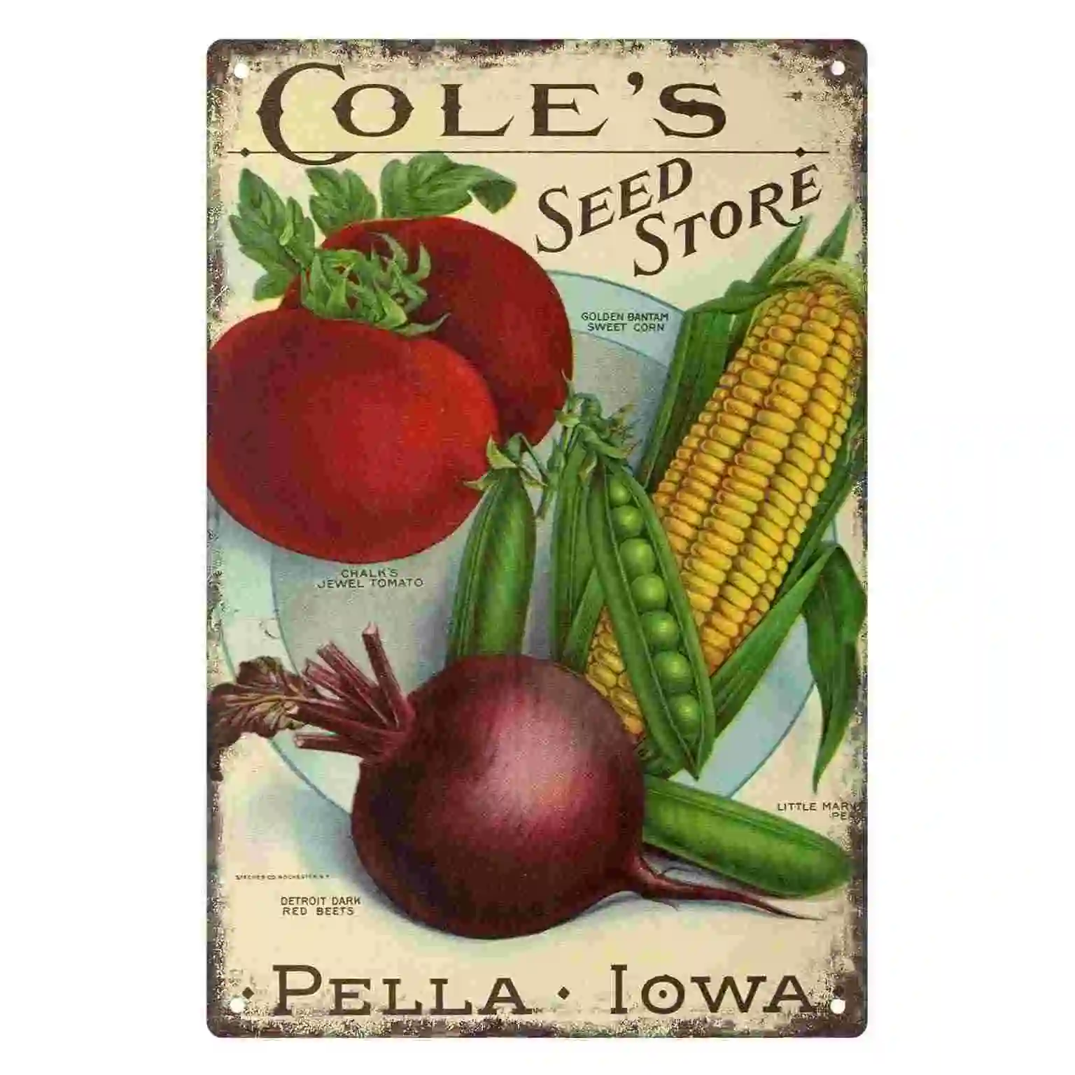 Фото 2D плоский постер (1 шт.) «Cole's Seed Store Pella Iowa» в винтажном стиле с изображением овощей, настенное украшение для дома, кафе, гаража, спальни, веранды №1