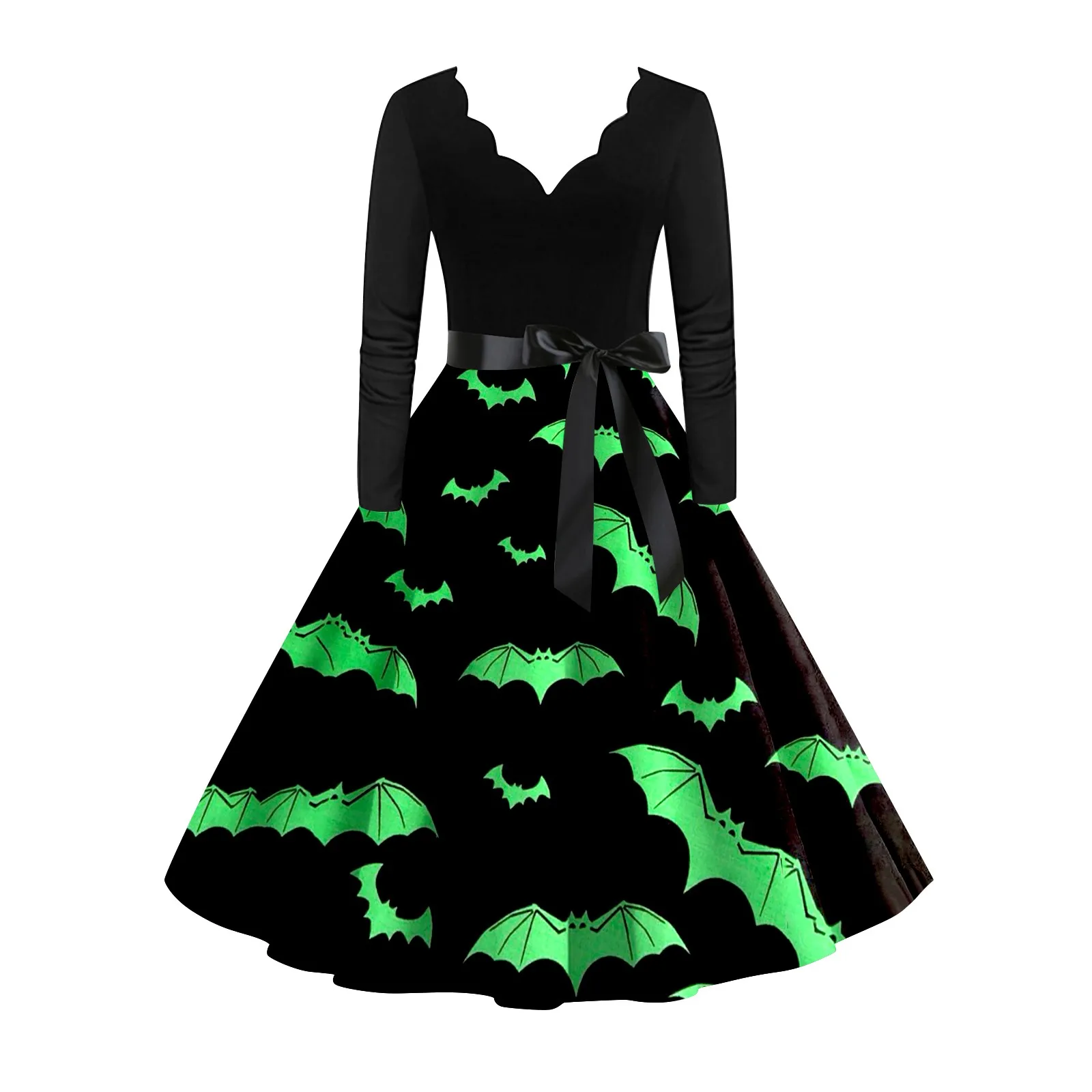 

Dress Women Fashion Slim Fit Halloween Bat Pattern Printed V Neck Long Sleeve A-Line Suit For Ladies Simple Dress Vestidos