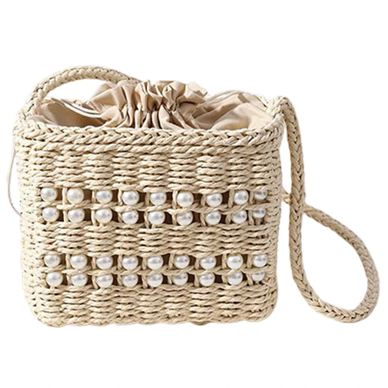 

Summer Straw Weave Beach Handbags For Women Tote Pearl Fashion Shoulder Bag Seaside Women Shopper Bags