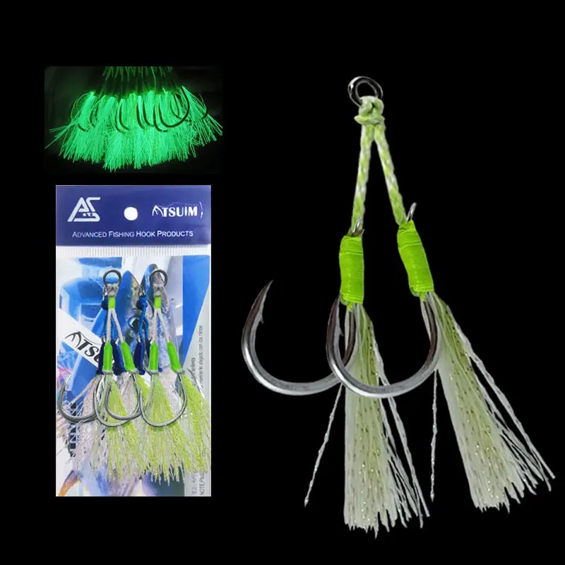 

AS 10Pairs Fishing Hook Soft Stainless Wire Glow Slow/Fast Jigging Hooks Double Barbed Assist Hooks Lure Glow Jig Lure Hooks