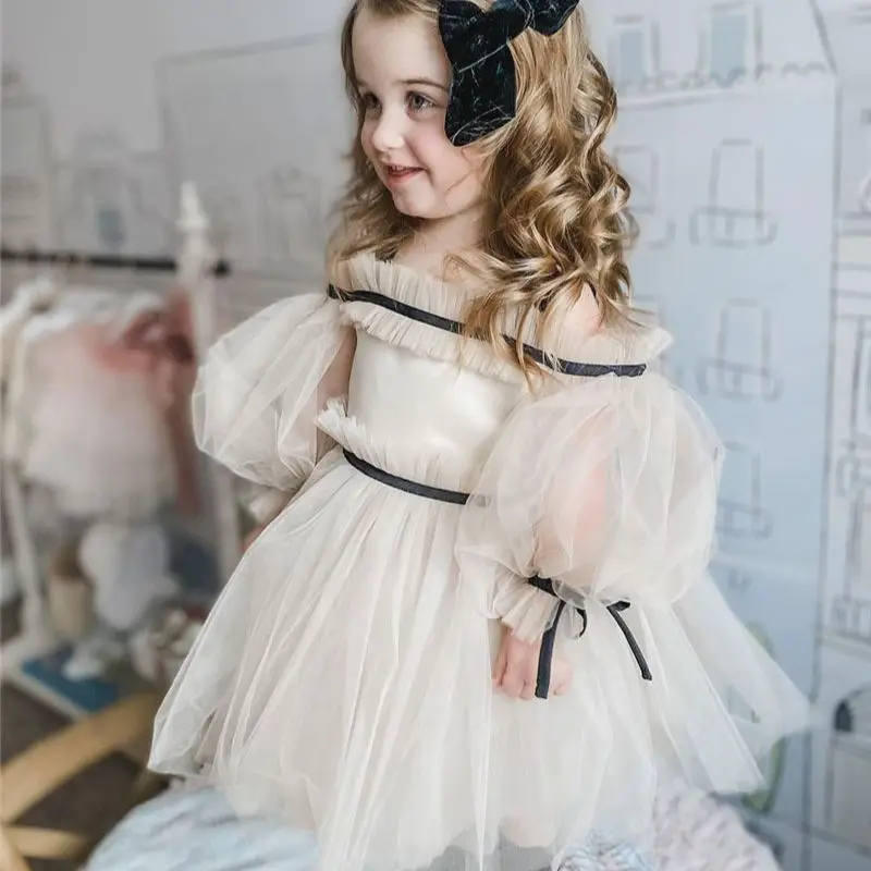 

Lovely Tulle Shoulder-length Bubble Sleeved Princess Flower Girl Dress Wedding Party Ball First Communion Dresses Dream Kids Gif