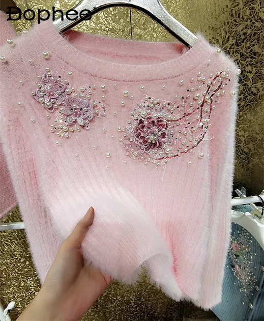 

Heavy Industry Beads Sequined 3D Flower Mink Sweater Women Thick Warm Plush Inner Outer Wear Pink Sweater Autumn Winter Clothes