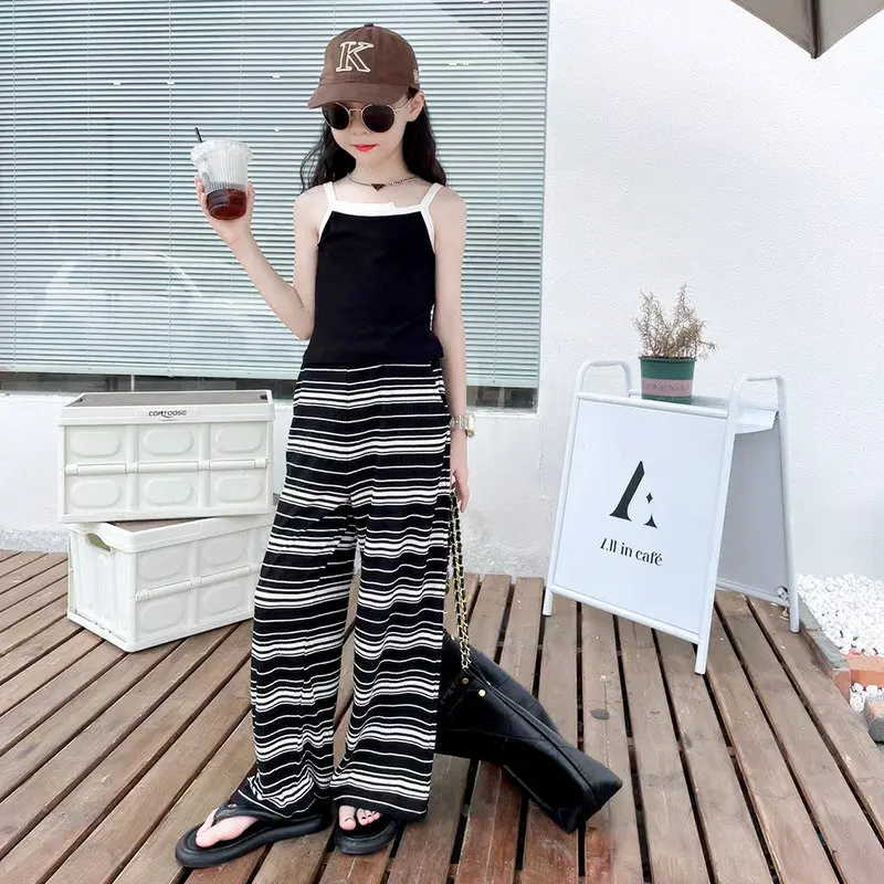 Children Clothing Sets Tank Top And Chiffon Pants Striped Print Straight Casual Girls Summer Cool Two Pieces Costumes 4-14Years