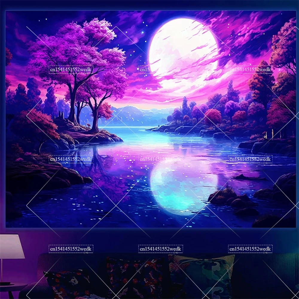 Гобелен с изображением гор Луны черного света УФ-реактивная фотография неоновое