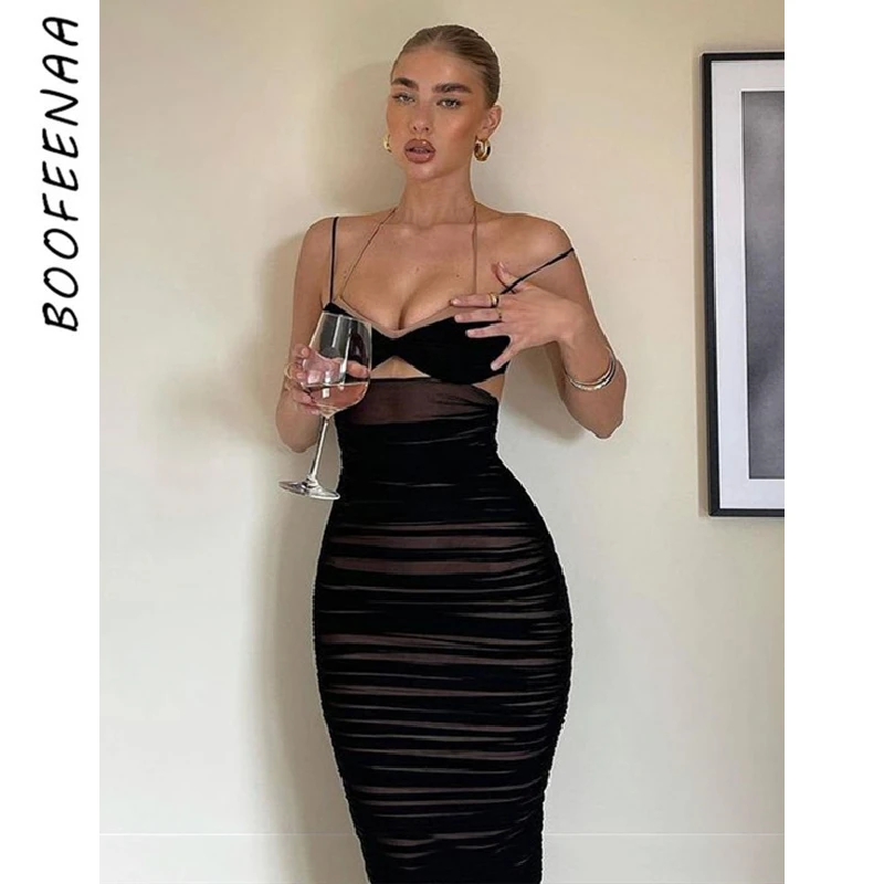 

BOOFEENAA Elegant Sexy Black Mesh Ruched Bodycon Dresses for Women Party Club Outfits Cutout Backless Midi Dress C92-DE30