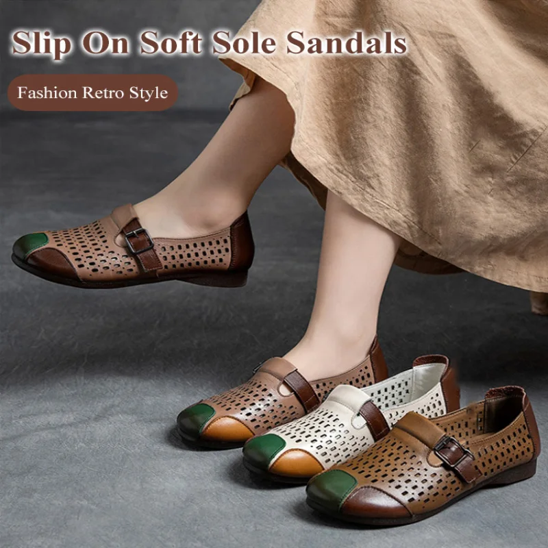 Женские сандалии без шнуровки с мягкой подошвой и плоской