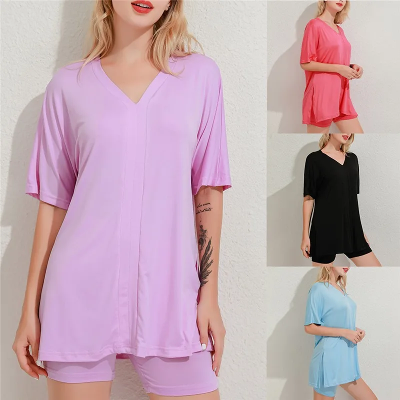 

Women Clothing Casual V Neck Short Sleeve T-shirt Top And Shorts Set Streetwear Sexy 2 Piece Outfits For Woman Summer