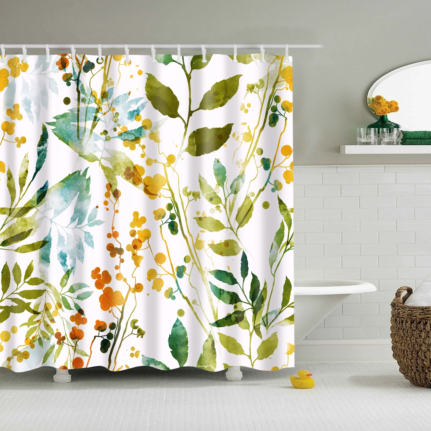 

Green Floral Shower Curtain Flower Tropical Leaves Polyester Fabric Printed Set Spring Bathroom