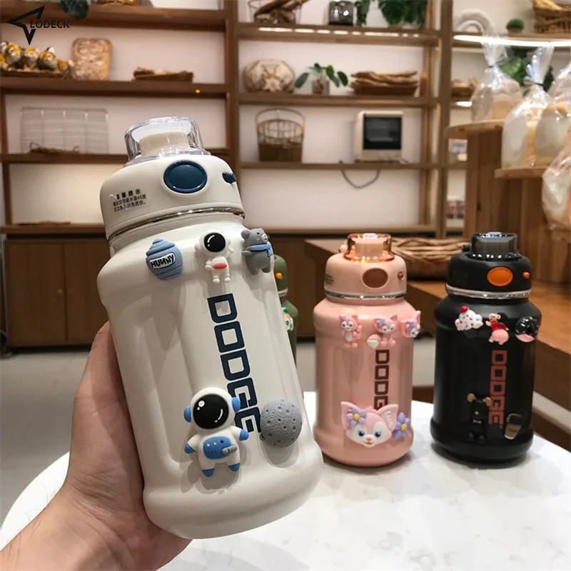 

Cute Girls Stainless Steel Vacuum Thermos Large Capacity Water Bottle With Straw Portable Leak Proof Sport Thermal Insulated Cup