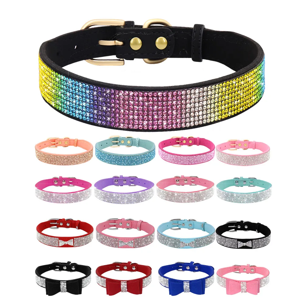 

Bling Dog Cat Collars Soft Suede Leather Rhinestone Puppy Collars Crystal Diamond Necklace for Small Medium Dogs Cats Chihuahua