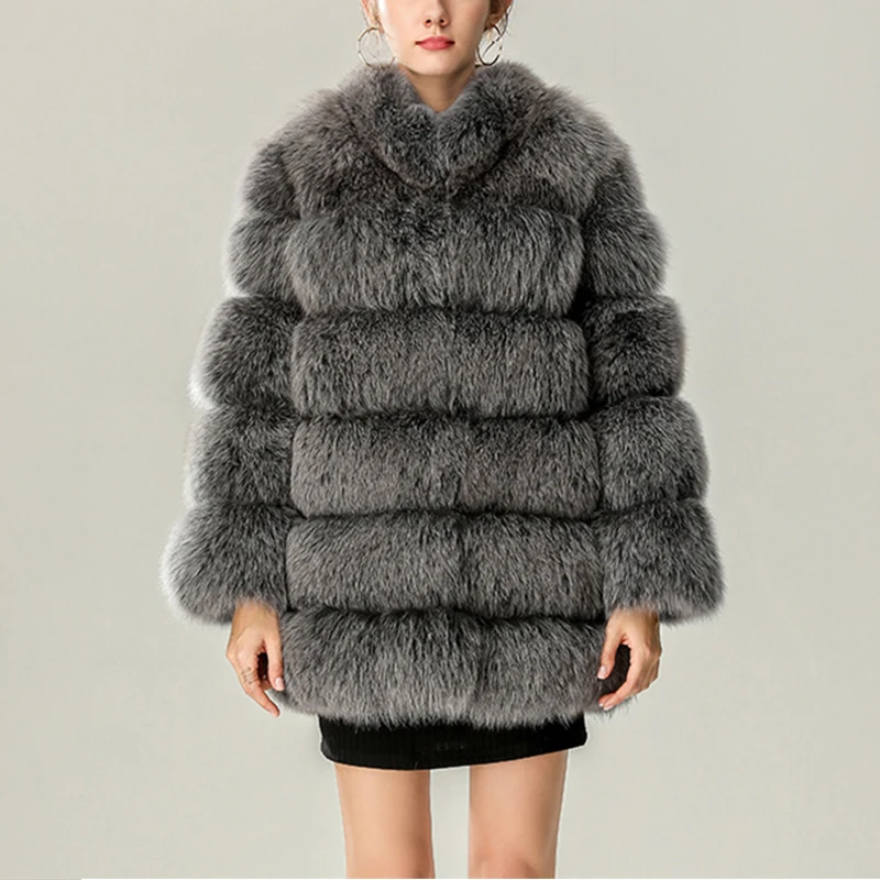 High Quality Winter Thick Warm Women Fluffy Coat Stand Collar Faux Fur Jacket Silver Fox Fur Coats Luxury Fashion Overcoat