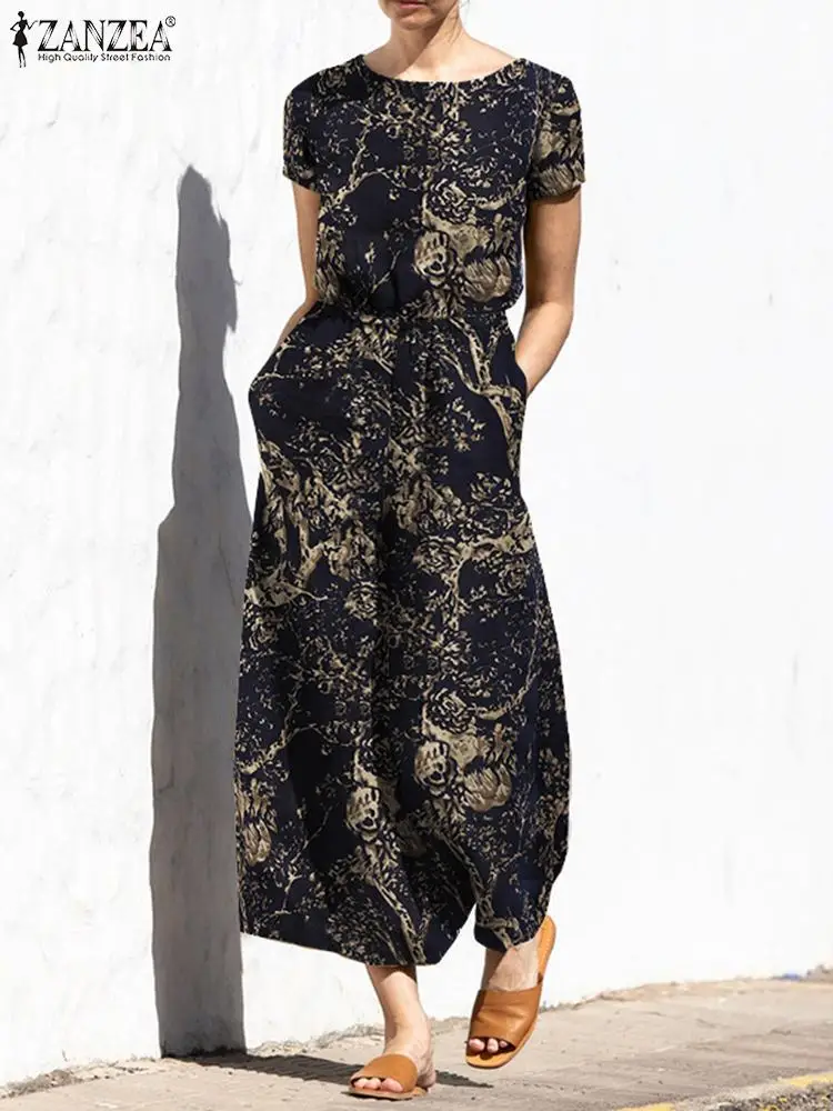 

2022 ZANZEA Women Floral Printed Rompers Vintage Short Sleeve Wide Leg Jumpsuits Summer Casual Party Playsuits Loose Overalls