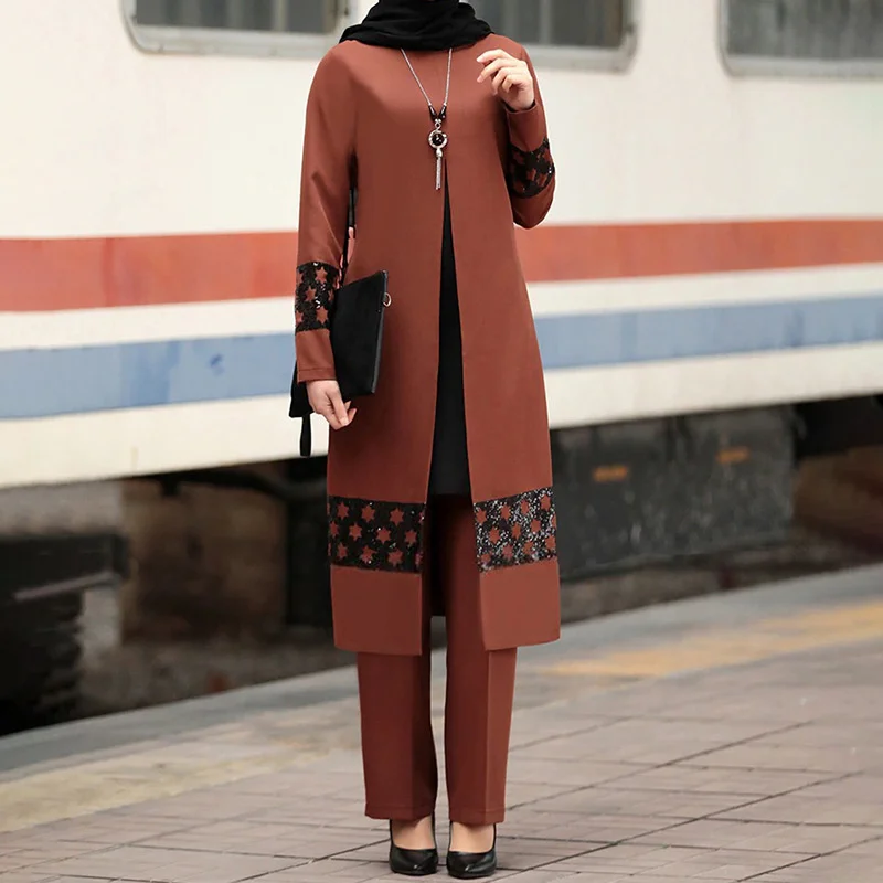 

Muslim Women New Suit Dubai Abaya Two Piece Muslim Costume Muslimah Clothing Pakistani Clothes