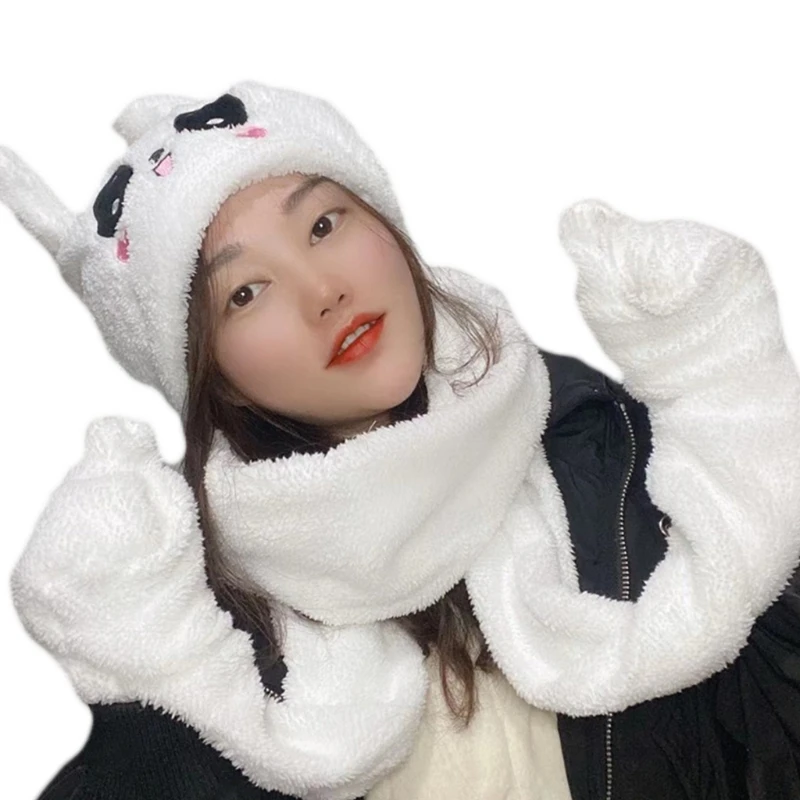 

Women 3 In 1 Hooded Scarf Hat Gloves Set with Moving Jumping Rabbit Ears Winter Fuzzy Plush Warm Earflap Party Props