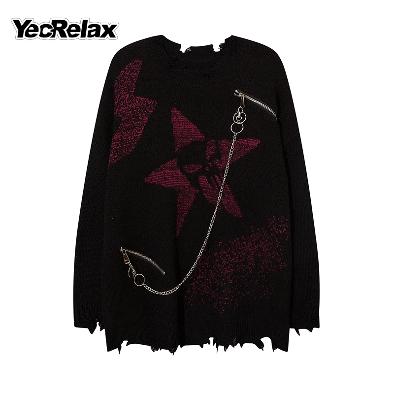 

YECRELAX Mens Sweater Red Star Print Long Sleeve Pullovers High Street O-Neck Hip Hop Streetwear Loose Casual Oversized Sweaters