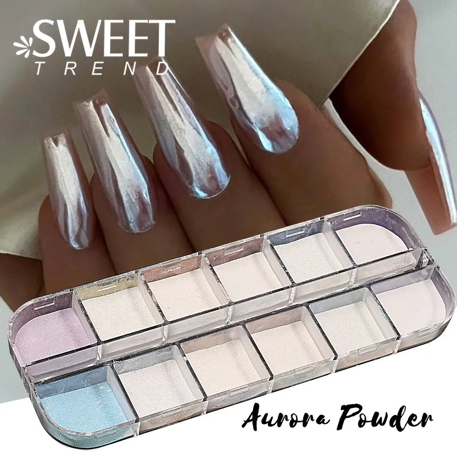 

12 Grids White Gloss Pearl Nail Glitter Mermaid Moonlight Chrome Powder Summer Holographic Fairy Rubbing Dust Mirror Flash Decor