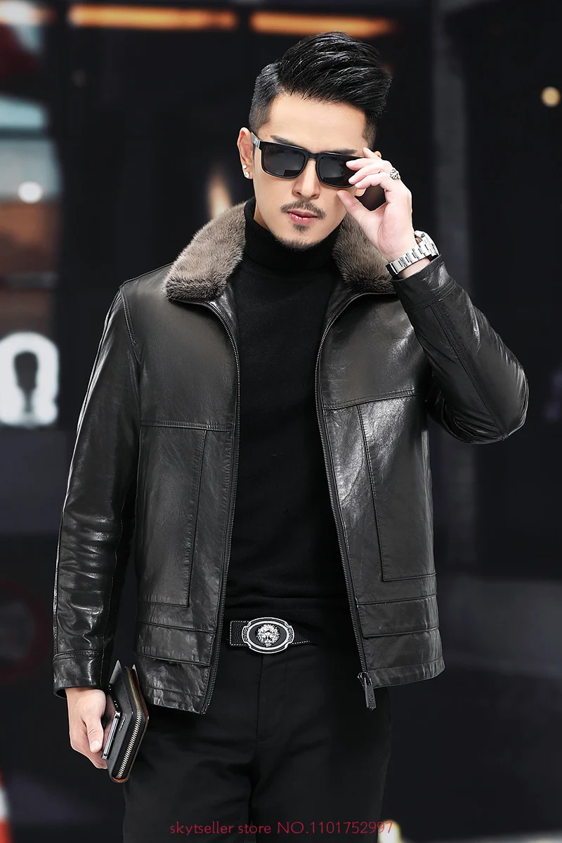 Высококачественная зимняя мужская куртка из натуральной кожи модный бренд