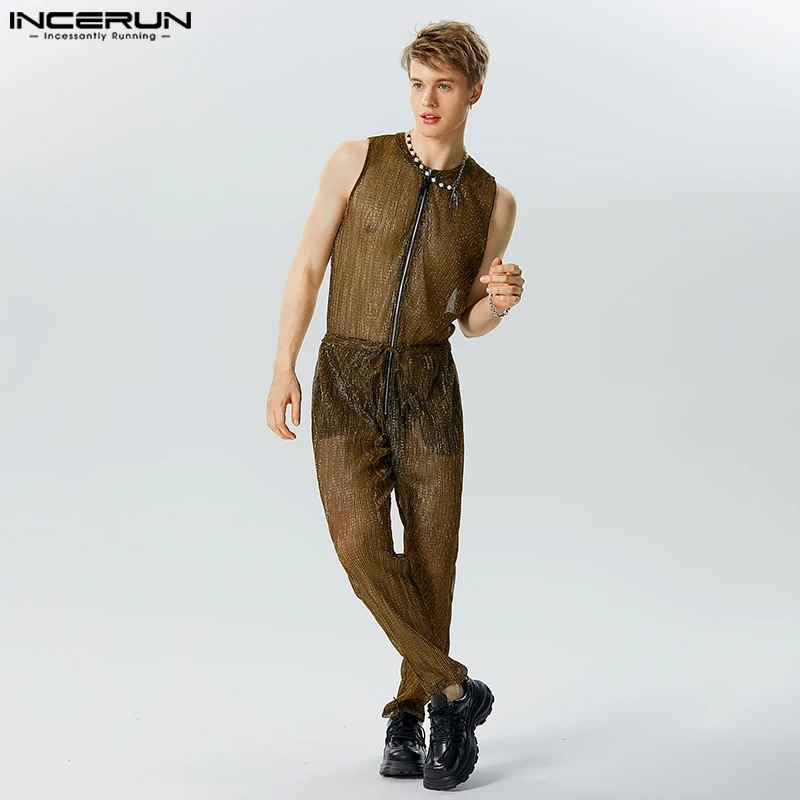 

2023 Men Jumpsuits Mesh Patchwork Transparent O-neck Sleeveless Streetwear Rompers Fitness Sexy Fashion Overalls S-5XL INCERUN