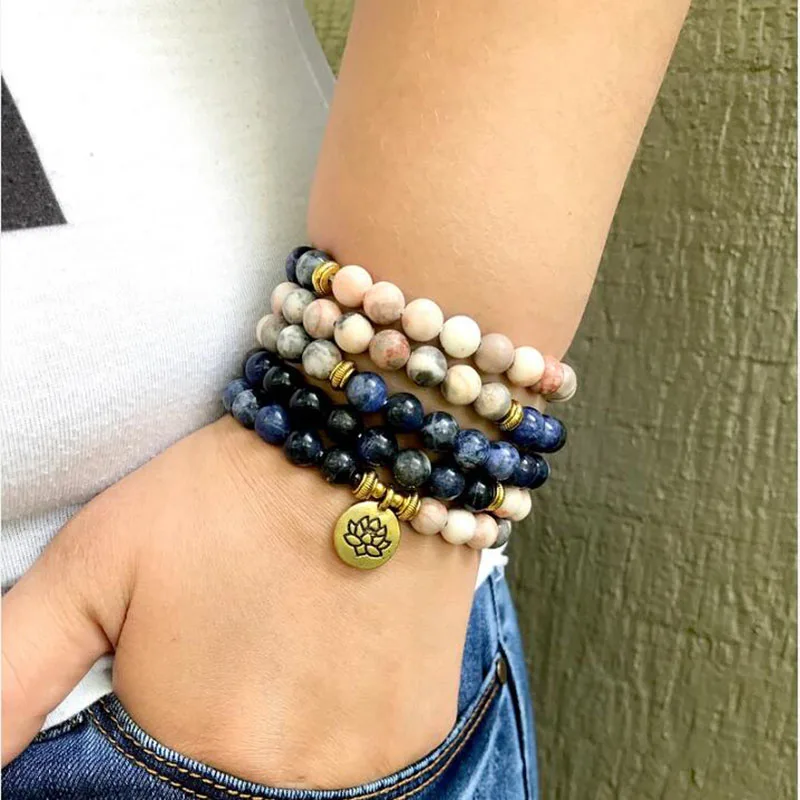 

108 Mala beads bracelet for women Sodalite & Pink Zebra J-asper Natural Stone Beaded Healing Lotus Bracelet