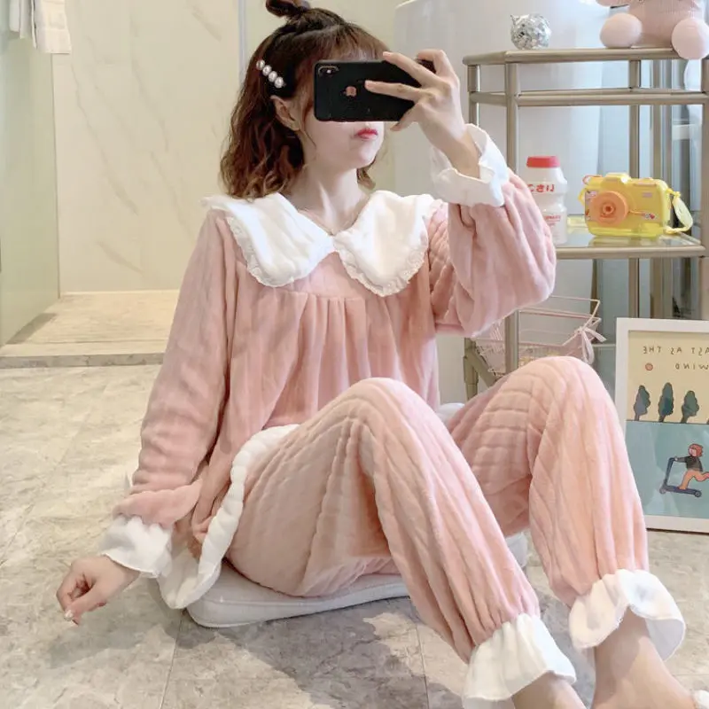 

Flannel Pajamas Women Winter Thickening and Velvet Suit Students Cute Spring and Autumn New Coral Fleece Can Be Worn Outside