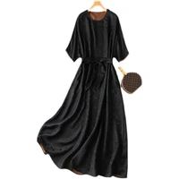 natural silk 2022 new women dresses summer elegant fashion formal black a line mid calf batwing sleeve sashes o neck