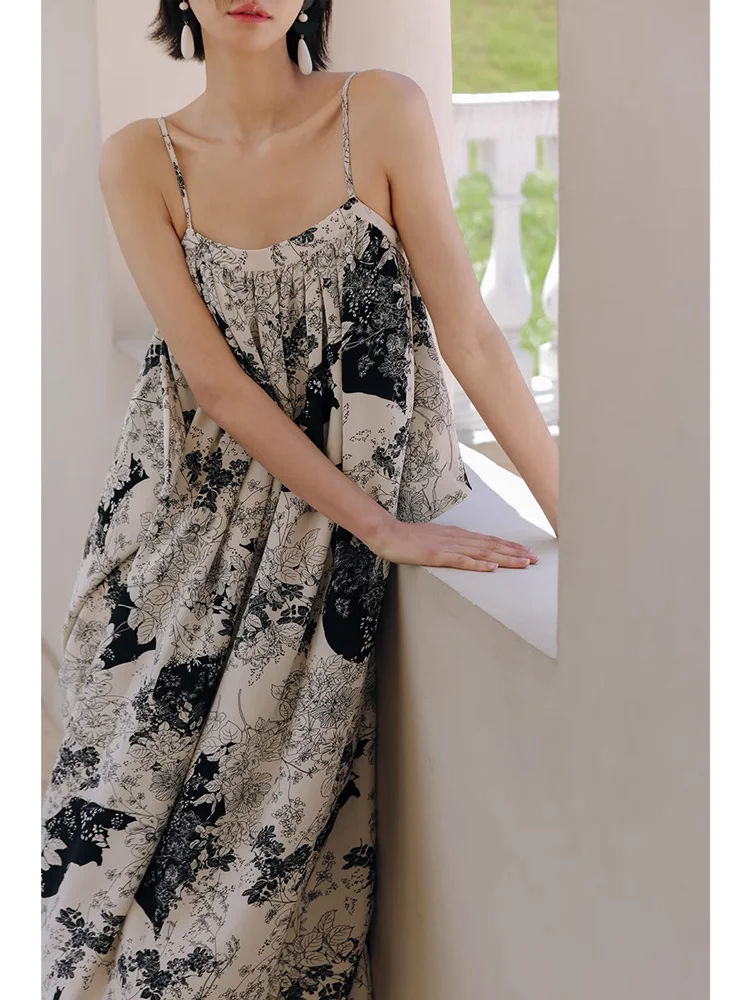 Chiffon Suspended Dress with High Grade Chinese Style Ink Painting Long Dress for Women's Summer Loose Beach Vacation Skirt