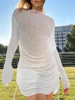 sunny y j y2k fall women long sleeve sexy mesh dress crew neck side drawstring loose pleated white hollow out mini dress