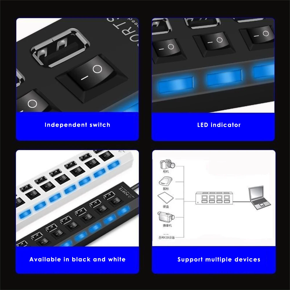 

For Audio System For Pc Computer 4-port/7-port Splitter For U Disk For Laptop Plug And Play Usb 2.0 Hub Laptop Accessories