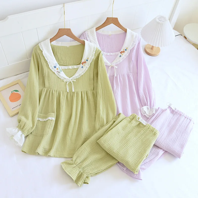 

Spring/ Summer Nursing Pajamas Confinement Clothes Thin Double Layer Gauze Cotton Crepe Embroidered Pregnant Maternity Homewear